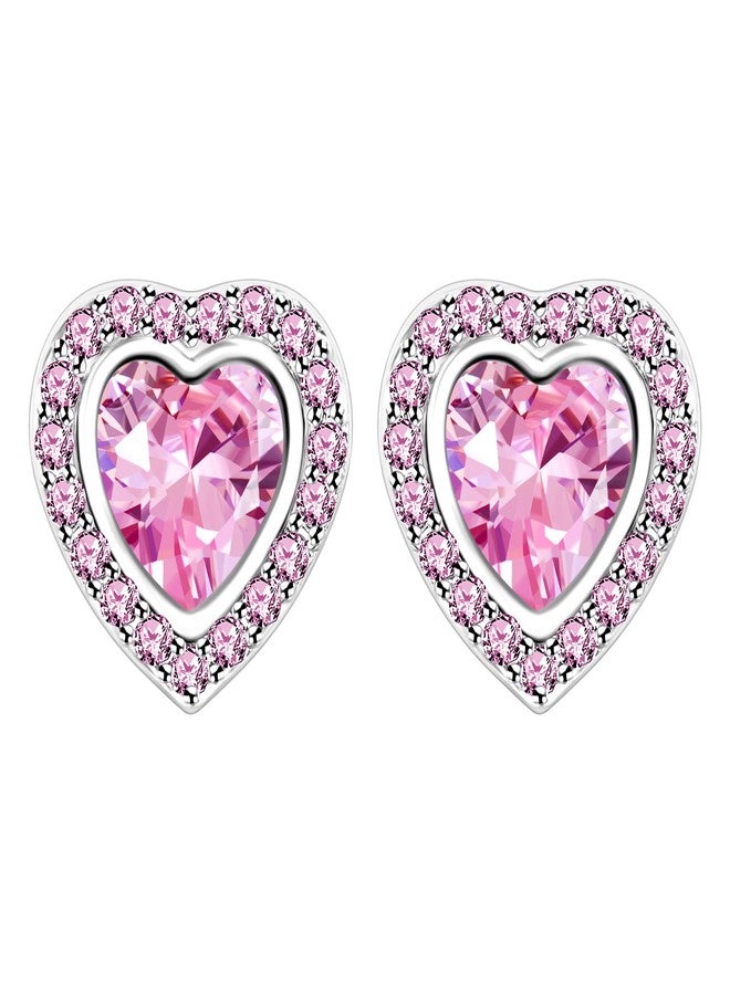 Tobestu White Gold Plated Pink Heart Stud Earrings Cubic Zirconia Crystal Love Heart Halo Post Studs Earrings Set for Women Y4135 - Image 1